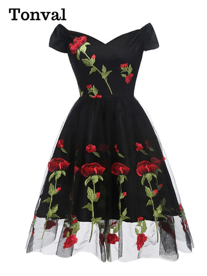 Tonval Rose Floral Embroidered V-Neck Elegant Party Dress Pleated Mesh Overlay Women Short Sleeve Vintage Summer Dresses