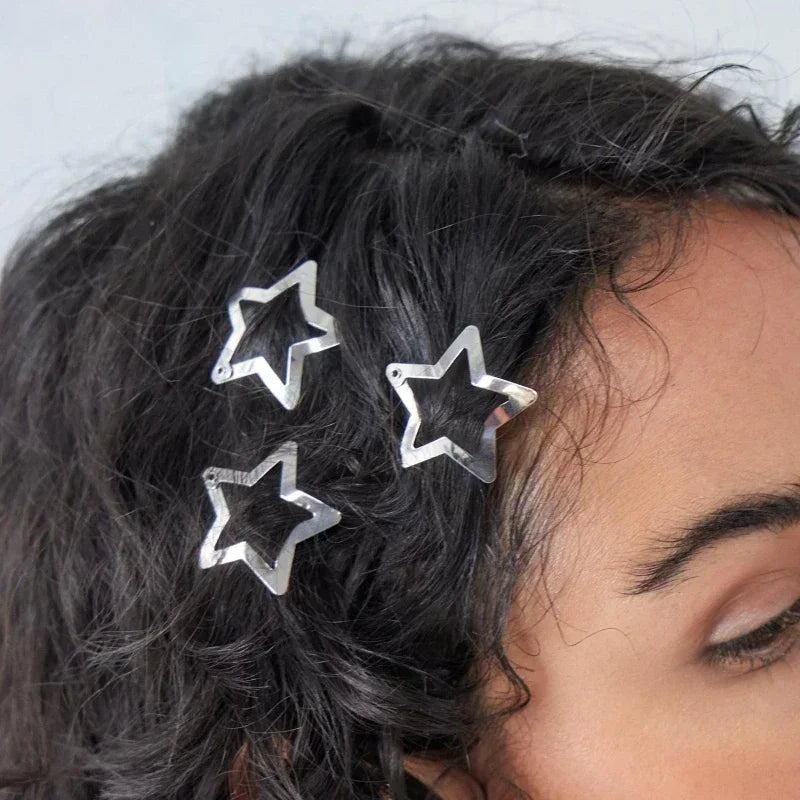 Simple Y2K Filigree Pentagram Star Metal Snap Hair Clips for Girls Punk Silver Hair Pin Headwear Gift Wholesale Hair Accessories