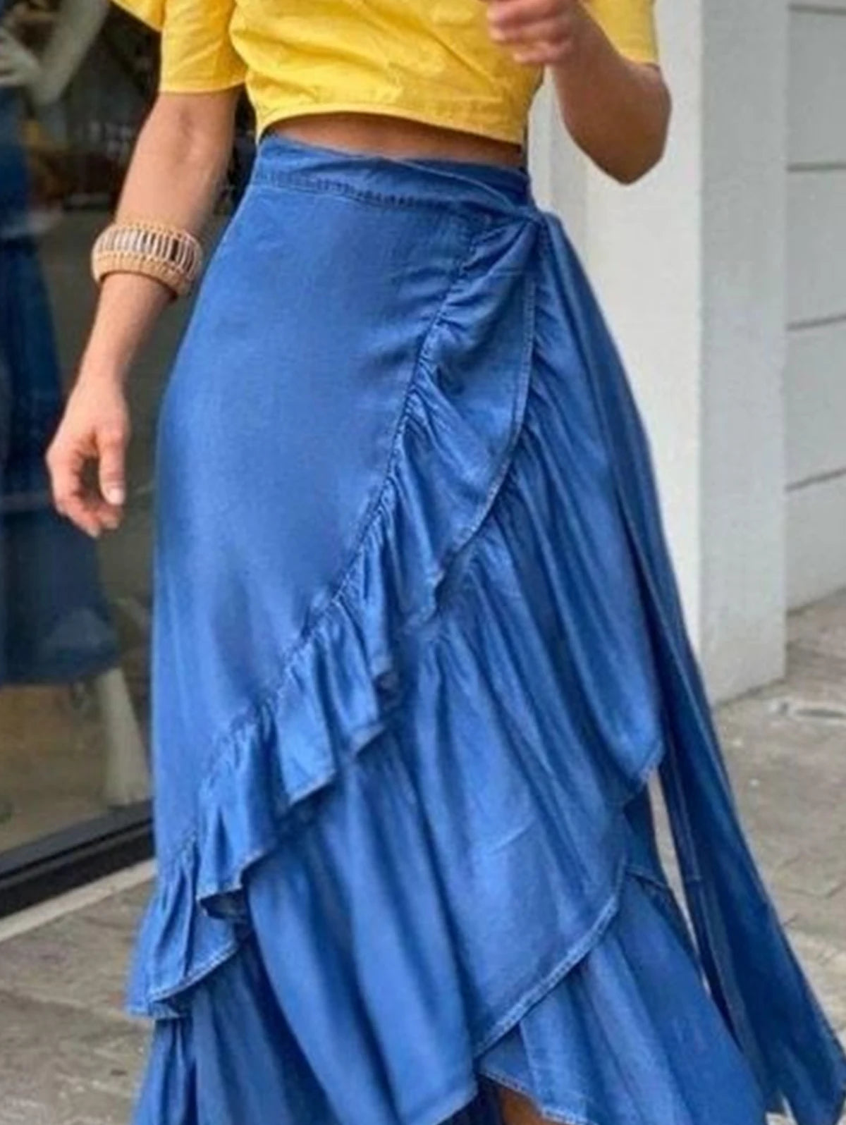 Women's Pleated Denim Skirt Casual Street Wear Beach Party Club Y2K Vintage Elegant Solid Ruffle Hem Knot Waist Long Dress