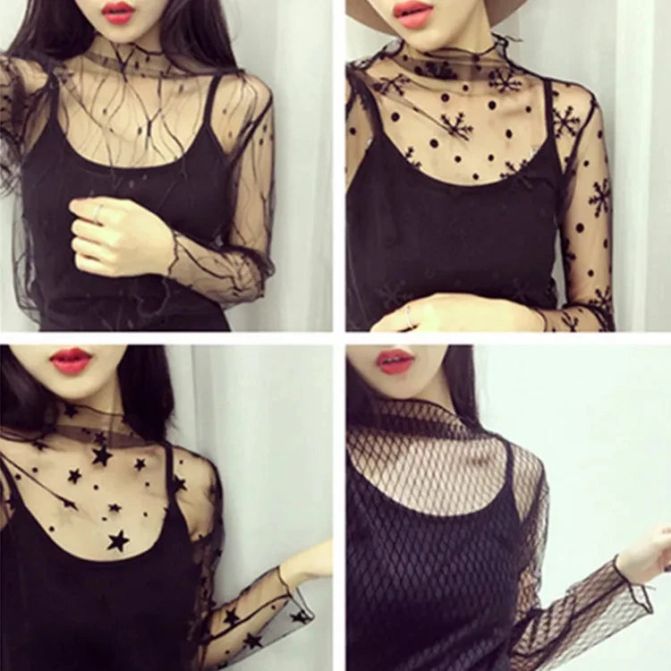 Black Sexy Women's T-shirt Fishnet Sheer Transparent Top Women Long Sleeve Bottoming Shirts Lace Mesh Tees Summer Sunscreen Tops