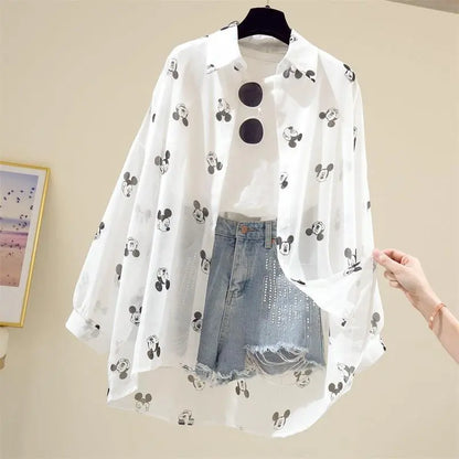 Mickey Mouse Blouse Ladies Long Sleeve Women Shirt Beach Shirts Kawaii Cartoon Summer Disney Clothes Cover-Up Top Casual