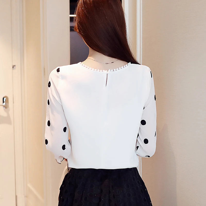 Long Sleeve Women Blouse Shirt Fashion 2023 Chiffon Women's Clothing Sweet O-neck Black Dot White Feminine Tops Blusas D383 30