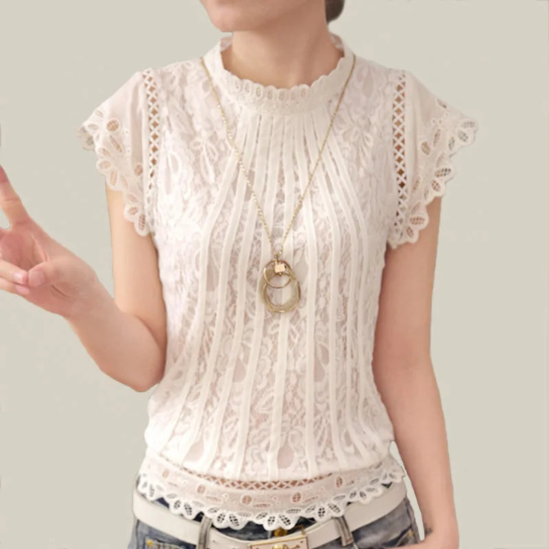 Ladies White Lace Blouse Short Sleeve Stand Collar Women Tops Elegant Patchwork Crochet Women Shirt Plus Size Blusas Mujer 01C