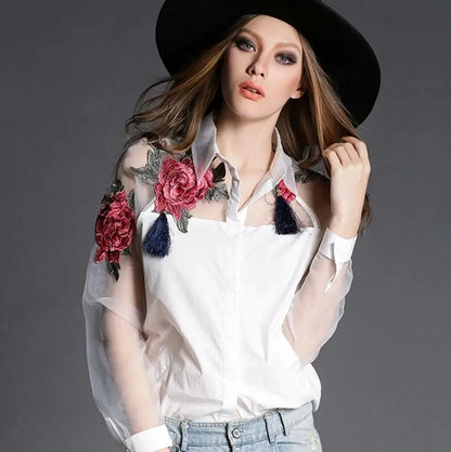 Women Fashion Blusas Elegant Organza Flower Embroidery Long Sleeve Shirt Blouse Casual Tops Plus Size S-3XL