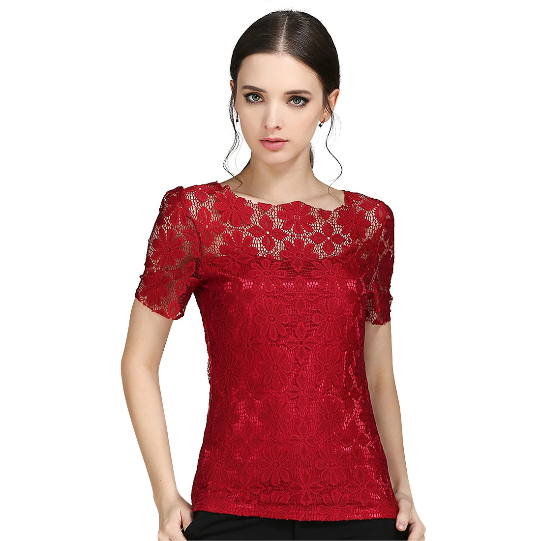 Summer Women Sexy Floral Lace Slim Blouses Shirts Ladies Elegant Casual Short Sleeve Tee Tops Blusas Plus Size blouse S-5XL