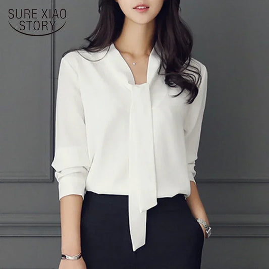 Long Sleeve Bow Tie Shirt Spring and Autumn New Fashion Women Clothing Loose Chiffon Shirt Women's Blouse Tops Blusas Mujer 699C