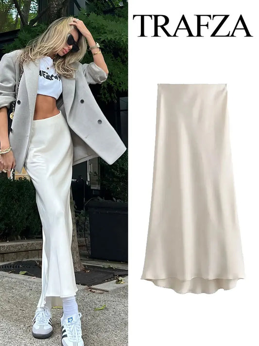 TRAFZA Women's New Fashion Silk Satin Slim Elastic Waist Long Skirt Autumn High Waist Casual Texture Women's Fishtail Skirt Y2k