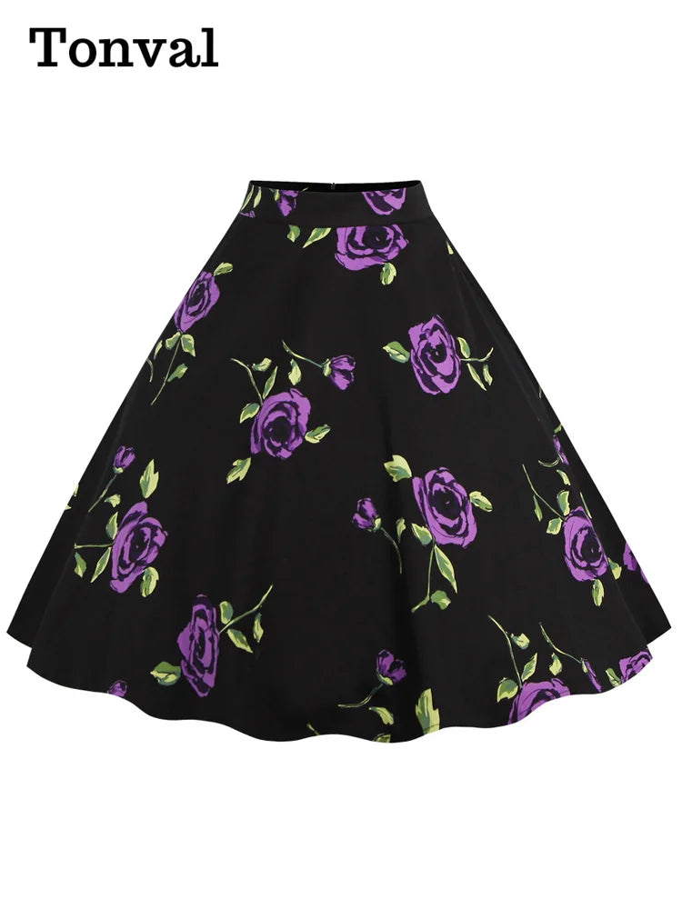 Tonval Floral Vintage Swing Midi Skirt Retro Flower Print Elegant Women 1950s High Waist Cotton A Line Skirt