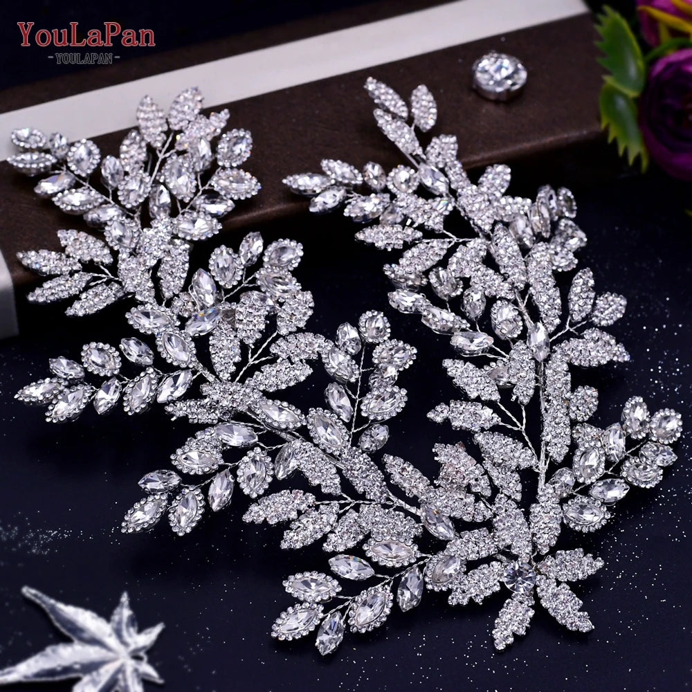 TOPQUEEN Bridal Side Clip Wedding Tiara Bridal Hairpins Handmade Rhinestone Women Headwear Alloy Flower Bride Headdress HP254