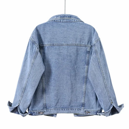 Vintage Women Jacket 2023 Autumn Winter Oversize Denim Jackets Washed Blue Jeans Coat Turn-down Collar Outwear Bomber Jacket