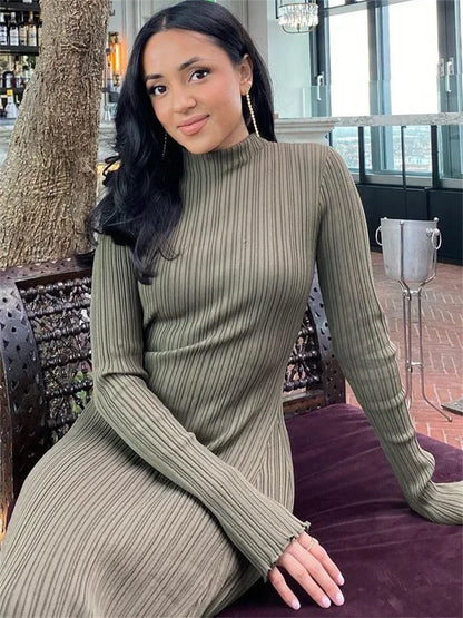 Tossy Autumn Ruffled Knitwear Long Dress Female Long Sleeve Loose Ribbed High Waist Maxi Dress Streetwear Knit Solid Women Dress