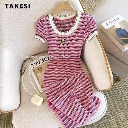 Women Short Sleeve Round Neck Striped Luxury Sheath Mini Dresses 2024 Summer Patchwork High Waist Slim Fit Knitting Dress