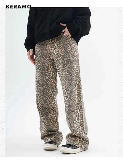 Vintage Leopard Print Jeans Women Spring Oversize Casual Hip Pop Wide Leg Trouser Trend High Waist Panther Denim Pants Ladies