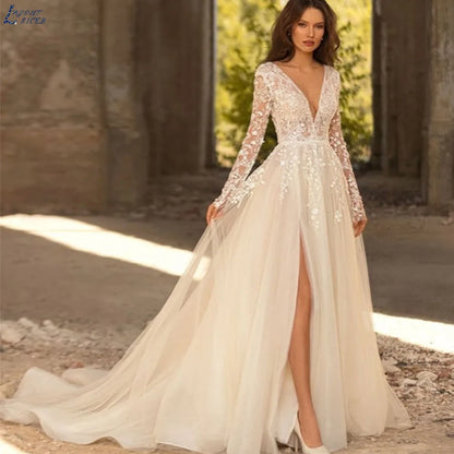 Romantic A-line Wedding Dress 2023 For Women Grace Flowers Embroidery Bridal Gowns Long Sleeves Bride Split vestido de noiva