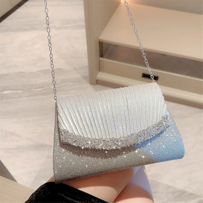 Women Shiny Sequins Pleated Handbag Sparkly Evening Bag Female Elegant Banquet Prom Party Clutch Chain Crossbody Shoulder Bag