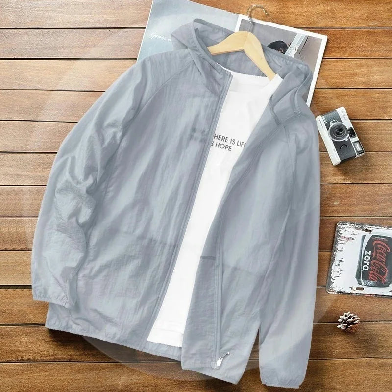 Men's Ice Silk Clothing Summer Sun Protection Ultra-Thin Hooded Jacket Beach Topcoat Outdoor Waterproof Cool Quick-Drying Coat