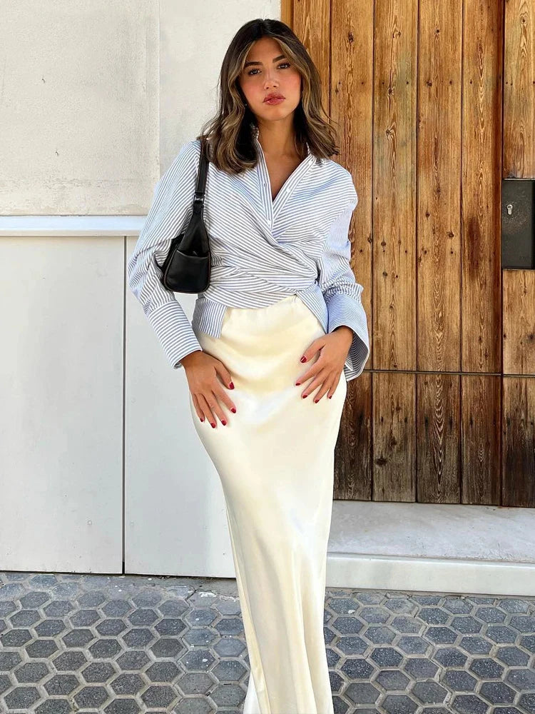 Tossy White High Waist Slim Maxi Skirt For Women Satin Fashion Elegant Solid Patchwork Casual Clothes Summer 2024 Long Skirt New