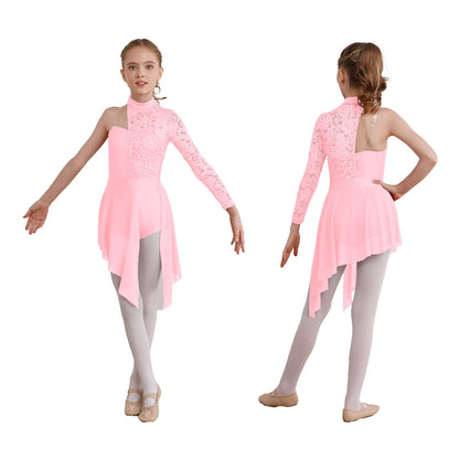 Kids Girl One Shoulder Lyrical Modern Dance Dress Lace Asymmetric Split Ballet Gymnastics Figure Skating Leotard Dress Dancewear