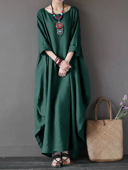 2023 ZANZEA Womens Crewneck 3/4 Sleeve Baggy Maxi Long Shirt Dress Casual Party Kaftan Solid Robe Vestido  Dresses