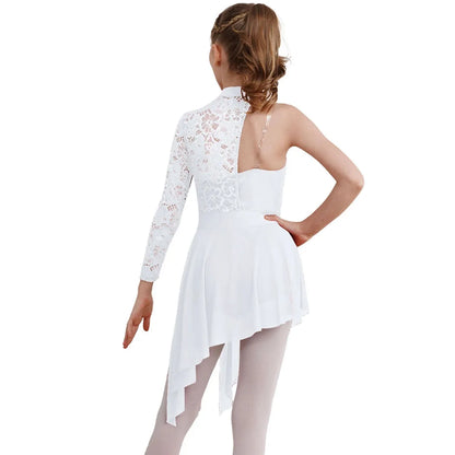 Kids Girl One Shoulder Lyrical Modern Dance Dress Lace Asymmetric Split Ballet Gymnastics Figure Skating Leotard Dress Dancewear