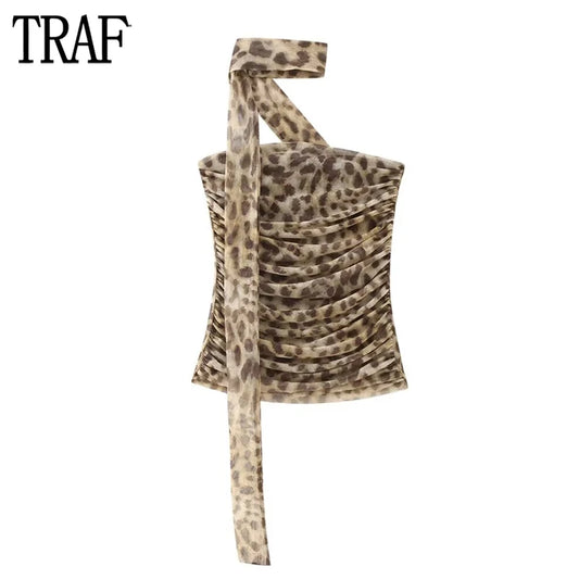 TRAF Leopard Print Tulle Tops for Women Ruched Crop Top Woman Sexy Backless Corset Top Women Summer Beach Halter Top Female