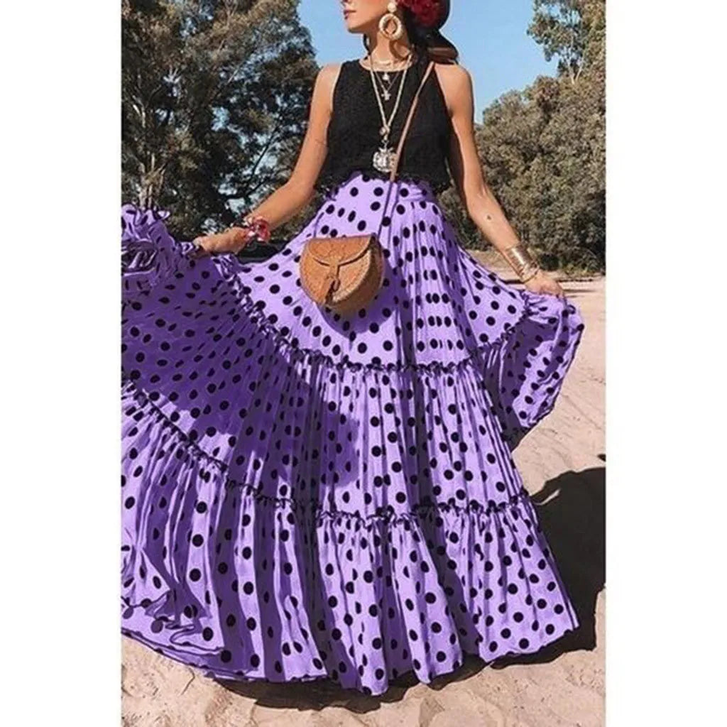 Bohemian Maxi Skirts For Women High Waist Polka Dot Printed Skirt Loose Ruffled Long Pleated Skirts Elegant Female Streetwear