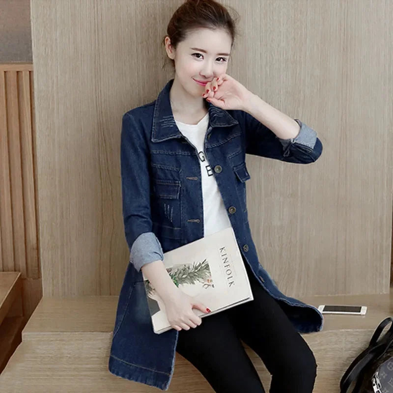 2024 New Autumn Winter Korean Denim Jacket Women Slim Long Base Coat Women's Frayed Navy Blue Casual Female Jeans Jackets Coats