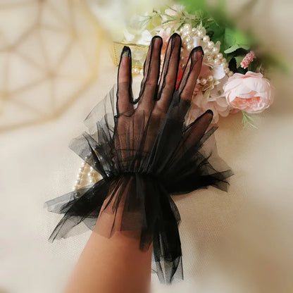 Short Sheer Tulle Gloves Wedding Bride Dress Gloves Fashion White Black Dot Transparent Mitten Wrist Length Bridal Gloves Women