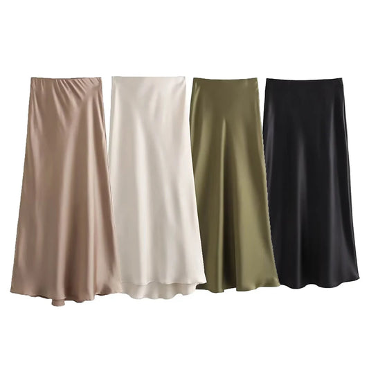 TRAF Spring 2024 Women Midi Skirts Fashion Temperament Casual Versatile High Waist Skirts Women Elastic Waist Skirts