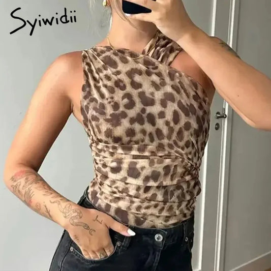 Syiwidii-Women's Leopard Print Bodysuits, Sexy Asymmetrical Pleated Sleeveless Jumpsuits, Summer Beach Slim Female Rompers