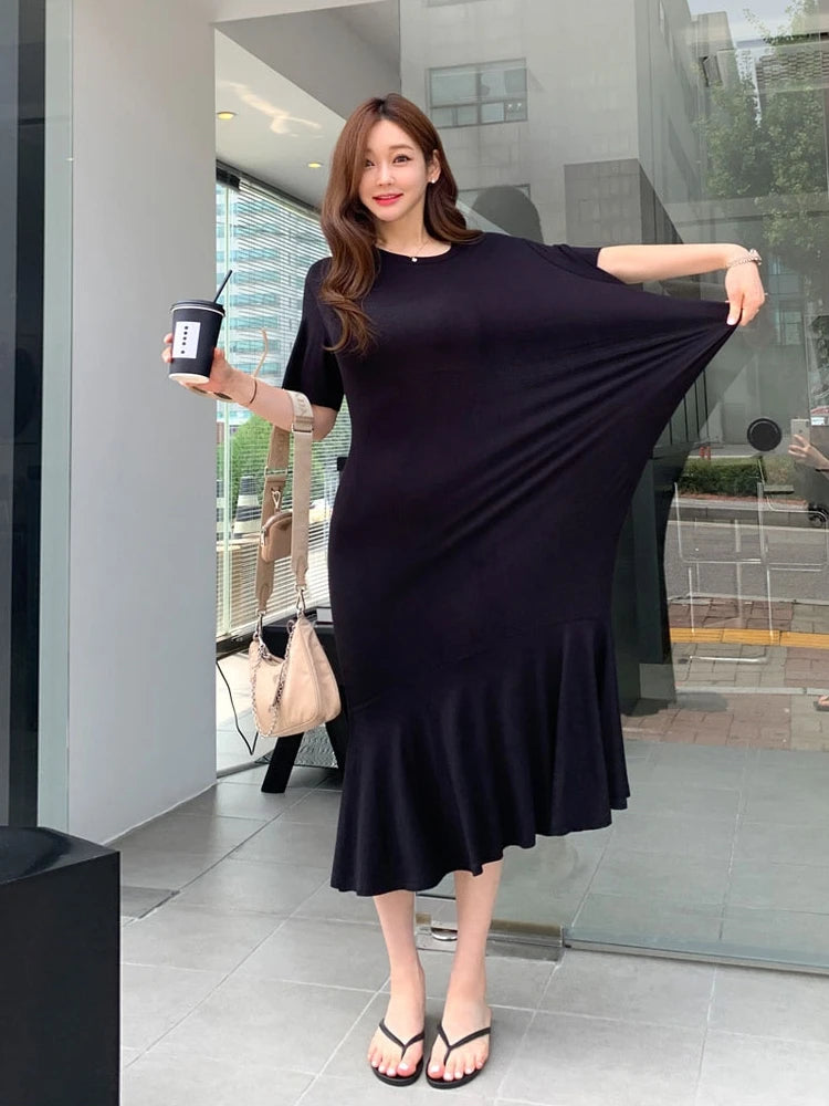 NYFS 2024 Summer New Korea Solid Woman Dress Vestidos Robe Elbise Loose Plus Size Short Sleeve Ruffles Long Dresses