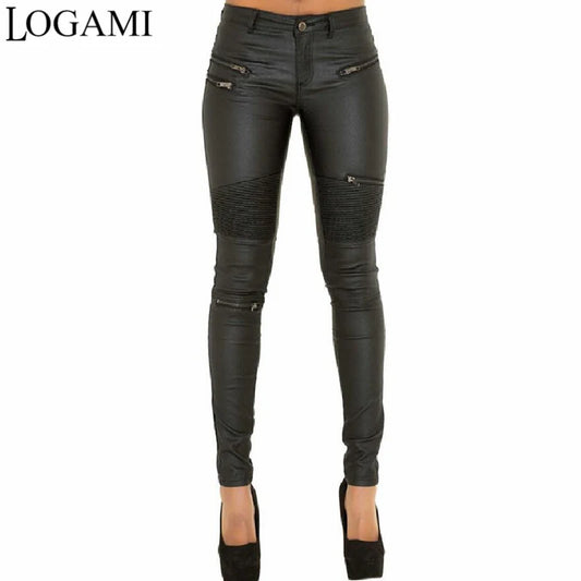 LOGAMI Faux Leather Pants Women Elastic Zipper Leather Pants Trousers 2018 Leren Broeken