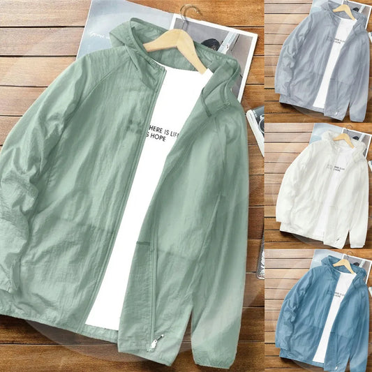 Men's Ice Silk Clothing Summer Sun Protection Ultra-Thin Hooded Jacket Beach Topcoat Outdoor Waterproof Cool Quick-Drying Coat