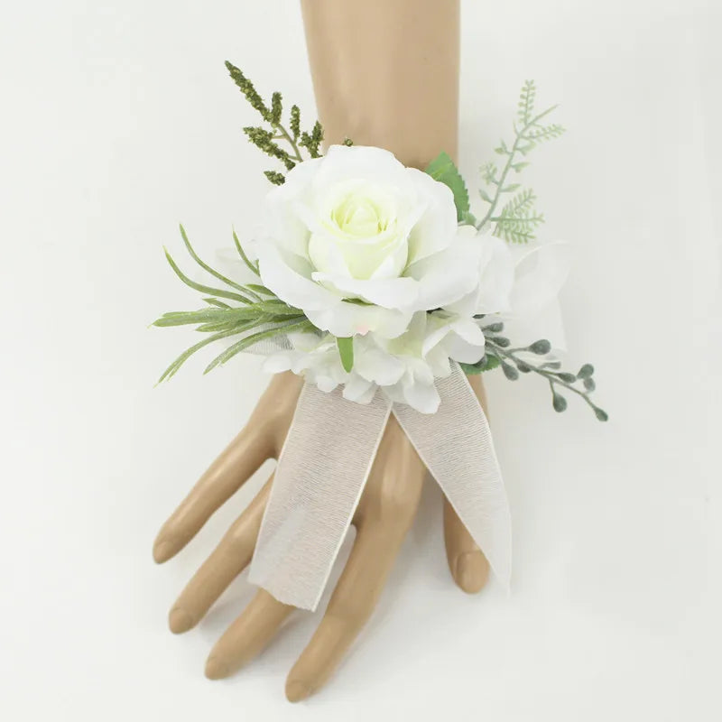 Ivory Wrist Corsage Bridesmaid Sisters Handmade Flower Artificial Silk Rose Bracelet Flowers For Wedding Dancing Party Decor