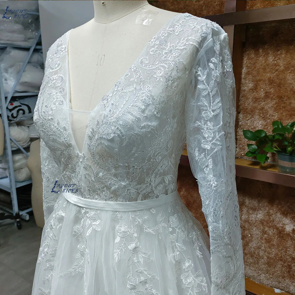 Romantic A-line Wedding Dress 2023 For Women Grace Flowers Embroidery Bridal Gowns Long Sleeves Bride Split vestido de noiva