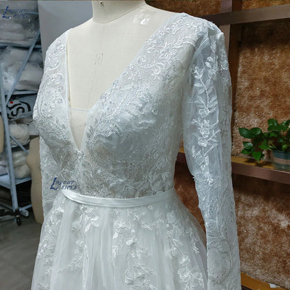 Romantic A-line Wedding Dress 2023 For Women Grace Flowers Embroidery Bridal Gowns Long Sleeves Bride Split vestido de noiva