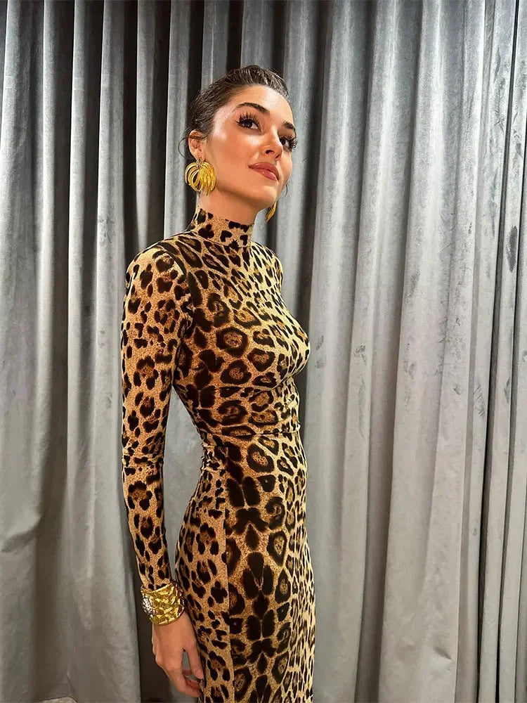 Sexy Leopard Printed Half High Collar Dress Women Long Sleeve Zipper Bodycon Maxi Dresses 2024 Sping Summer Chic Ladies Vestidos