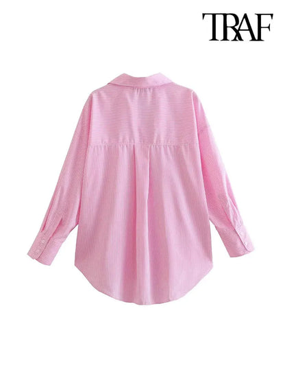 TRAF-Striped Loose Shirts With Pocket for Women, Long Sleeve, Button-up Blouses, Chic Tops, Female Fashion