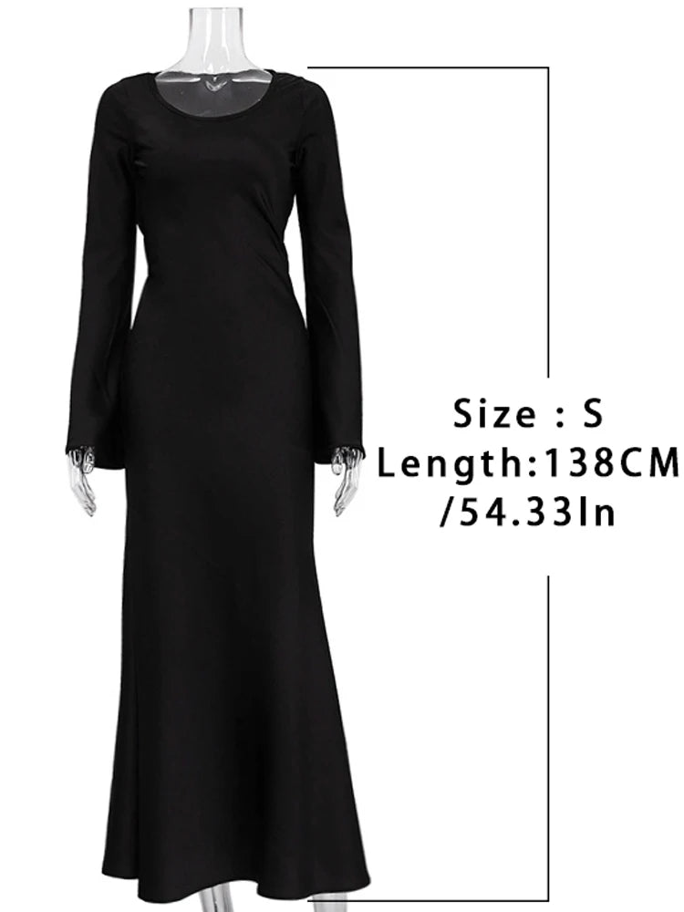 Tossy Black Satin Bandage Maxi Dress Women Slin High Waist Fashion Patchwork Elegant Long Sleeve Dress Ladies Gown Long Dress