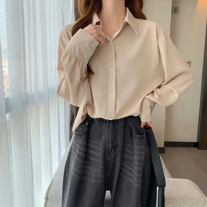 Women Chiffon White Shirts Korean Fashion Solid Loose Long Sleeve Tops Office Ladies Elegant Casual All Match Blouses Spring New