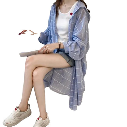 Outer Jacket Plaid Shirt Women's Clothing Hooded Mid-length Sun Protection Clothing Plus Size Loose Cardigan Coat Clear Jacket