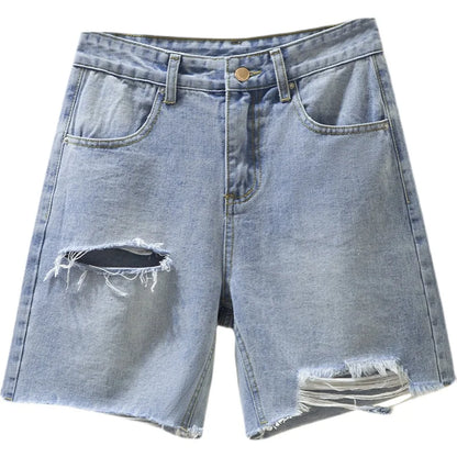 M-4XL Summer Women Denim Shorts Hole Ripped Loose Straigh Half Jeans Female Casual Short Pants Streetwear