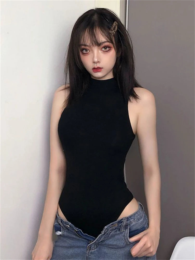 Harajuku Solid Jumpsuit Women Sleeveless Bodycon Sexy Black Body Tops Fashion Streetwear Vintage Y2k Gothic Bodysuits Clothing