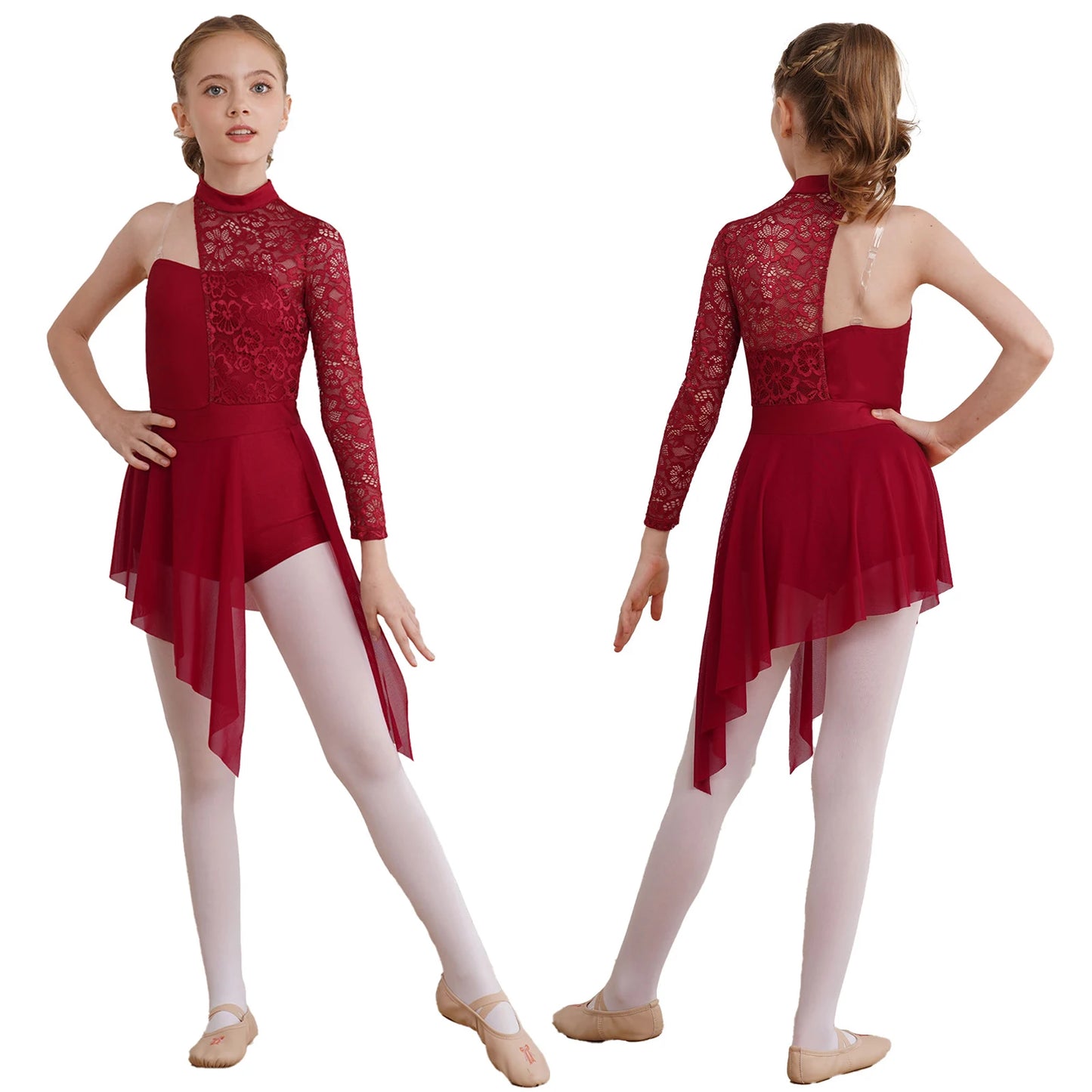 Kids Girl One Shoulder Lyrical Modern Dance Dress Lace Asymmetric Split Ballet Gymnastics Figure Skating Leotard Dress Dancewear