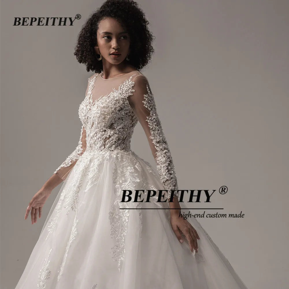 BEPEITHY Lace Wedding Dresses For Women 2023 Spring Princesss Vintage O Neck Long Sleeves Bridal Ball Gown Vestidos De Novias