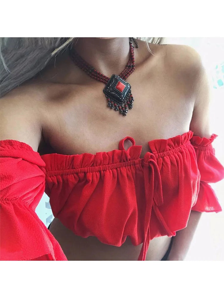 crop tops women 2019 summer lantern sleeve sexy strapless beach tops  red black white ruched crop top tank top croptop