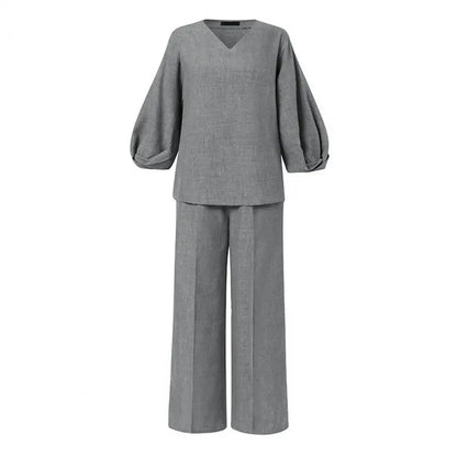 1 Set Women Suit V-Neck Top And Wide-Leg Pants Breathable Fabric Loose Two-piece Set for Spring Autumn