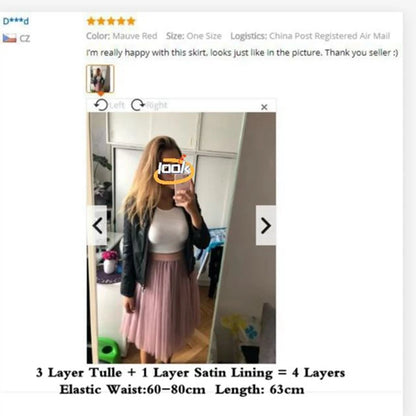 TingYiLi 4 Layers Tulle Skirts Womens Black Gray White Adult Tulle Skirt Elastic High Waist Pleated Midi Skirt