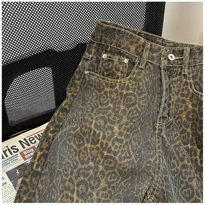 Retro Spring Trendy Leopard Print Jeans Women's American High Street Trousers Y2K Harajuku Style Baggy High Waist Casual Pants