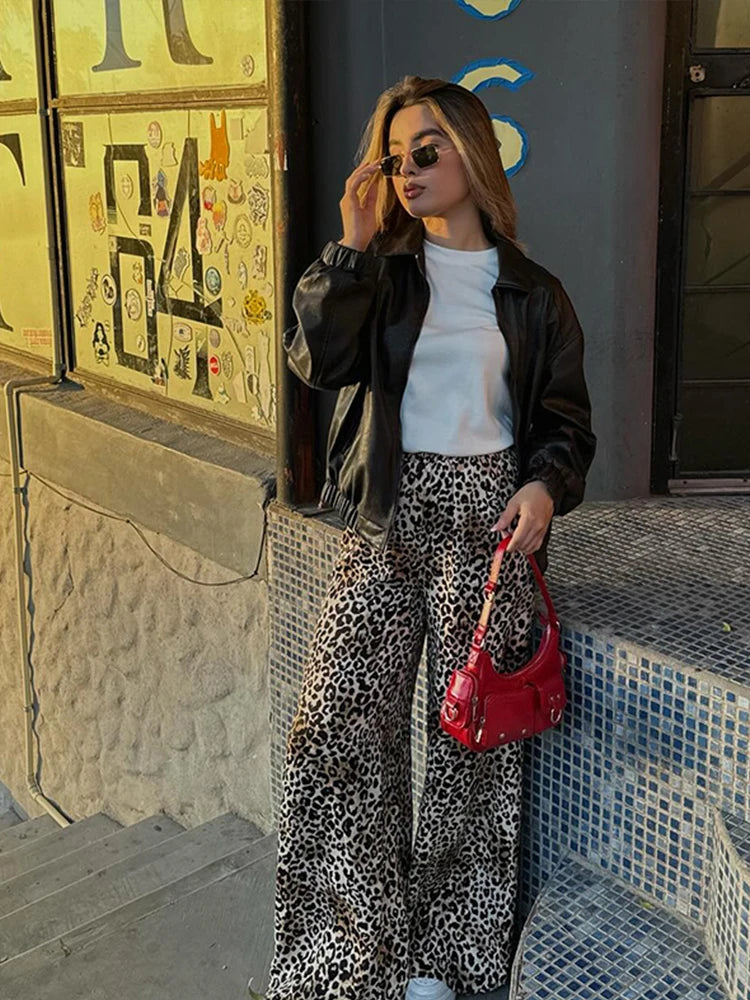 Vintage Leopard Print Pants Women Casual Loose Lace Up Wide Leg Trousers Female 2024 Summer Fashion All-match Lady Streetwear